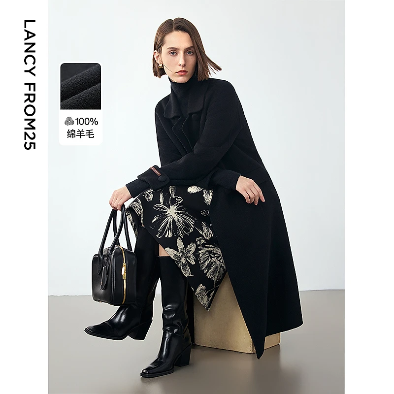 朗姿纯羊毛双面呢气质高级感复古呢子大衣女2024冬季新款毛呢外套
