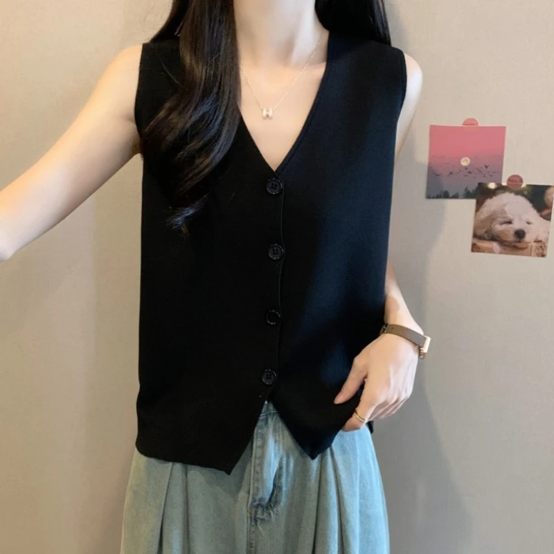 大码V领无袖针织开衫背心女夏季薄款胖M宽松显瘦百搭洋气外穿上衣