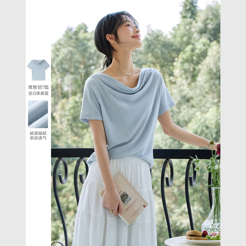 *时尚百搭堆堆领短袖T恤女2025夏季新款设计感气质纯色上衣A1167