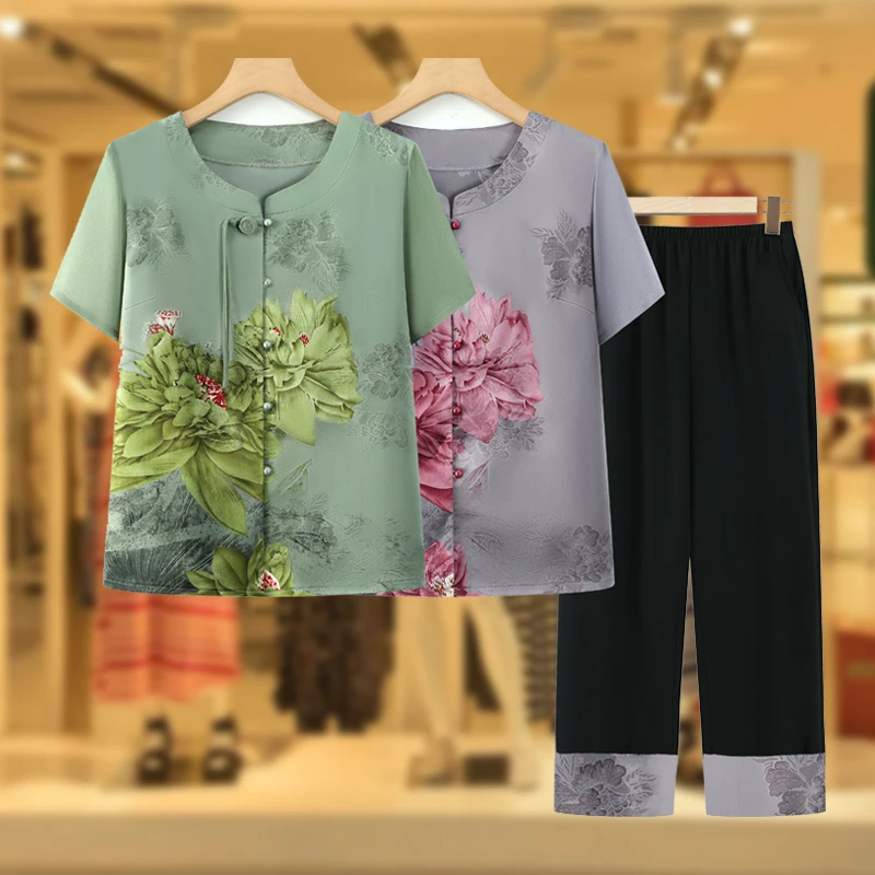 奶奶装夏装中袖套装老年人夏季女装国风新中式上衣妈妈夏冰丝衣服