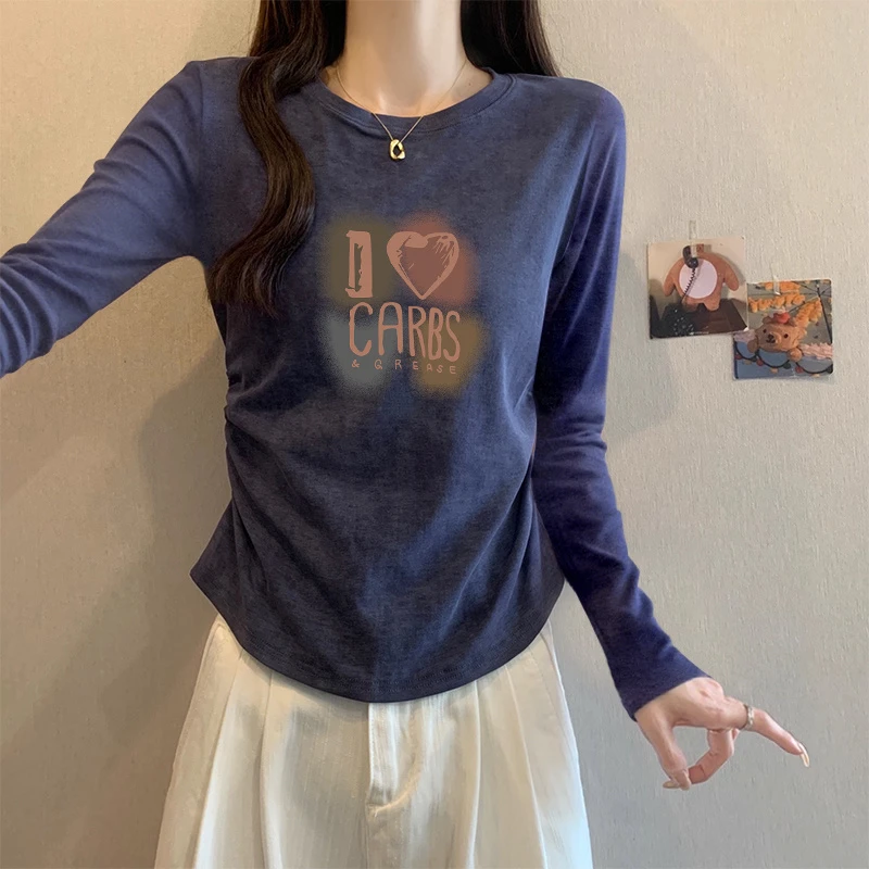 扎染正肩长袖T恤女春秋季韩系设计感辣妹修身褶皱短款打底衫上衣