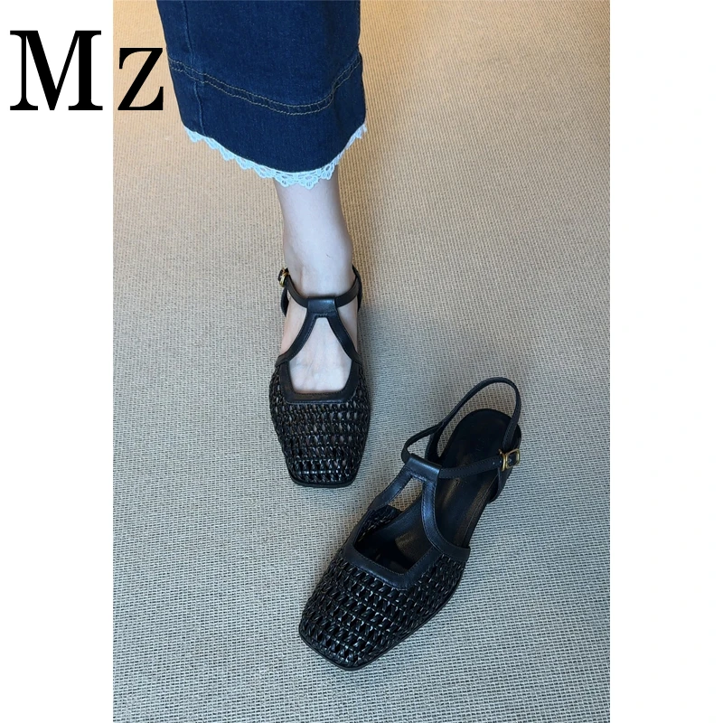 Mr.Zheng/3.5cm/夏季新款编织镂空方头凉鞋粗跟透气后拌带女鞋