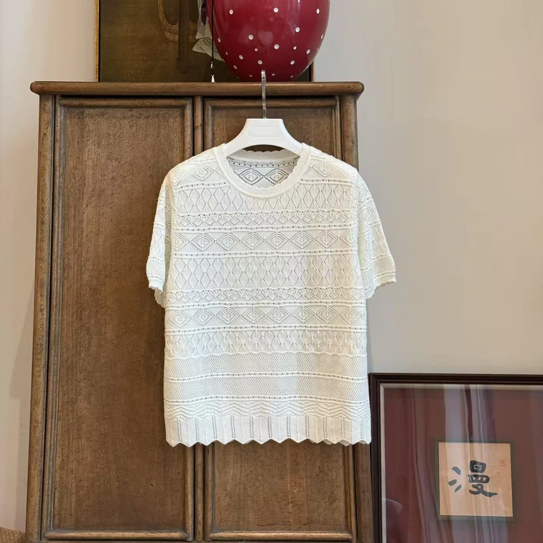 MYL 2025年夏季新款白色丝毛混纺针织衫镂空格纹波纹边简约针织衫