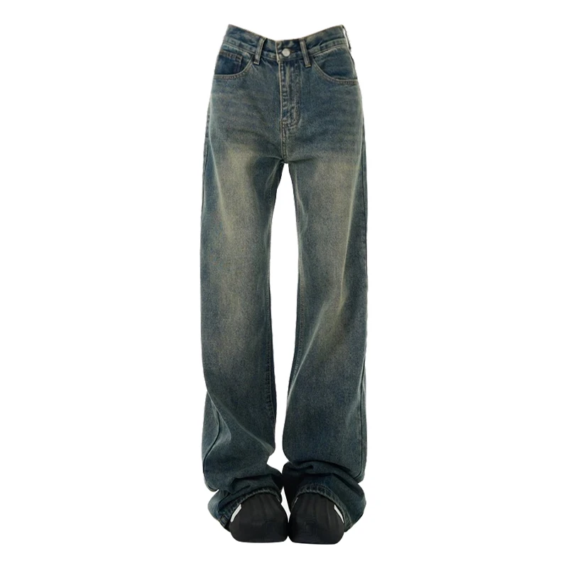 美式复古做旧直筒牛仔裤男女2025春秋款高街宽松显瘦阔腿拖地长裤