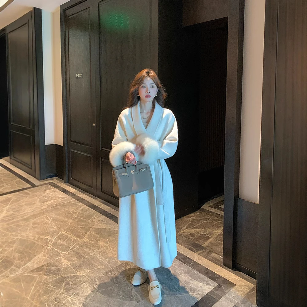 2025狐狸毛爆款加长款双面羊毛大衣女秋冬新款时尚高级感毛呢外套