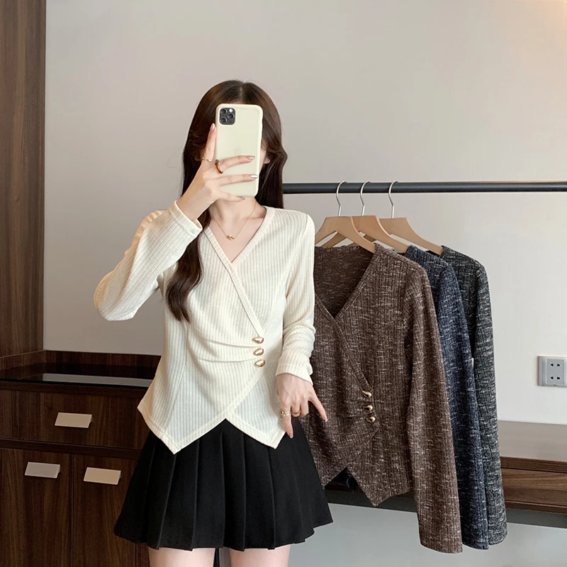 2025秋装新款胖mm大码女优雅气质交叉领不规则长袖针织上衣36181