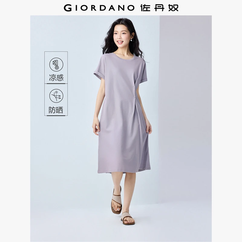 佐丹奴黑科技凉感防晒连衣裙女纽扣收褶夏季圆领连衣裙 13465316