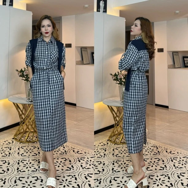 撞色拼接披肩韩版高级洋气收腰衬衫连衣裙 2025夏季