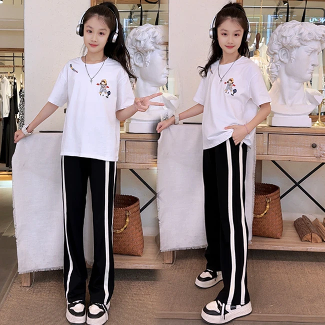 2025中大童韩版短袖T恤女童夏季学生阔腿裤两件套初中高中生套装