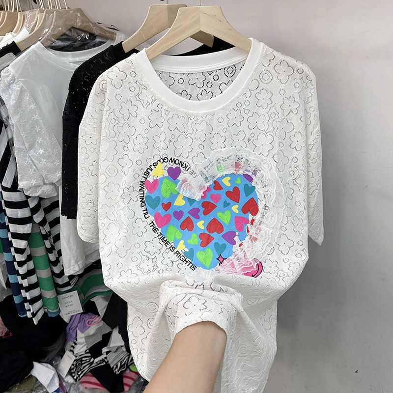 欧洲站镂空蕾丝爱心印花短袖t恤女夏装新款胖mm大码宽松显瘦上衣