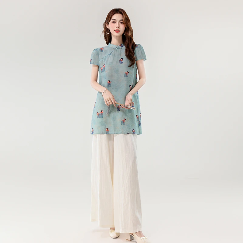 新中式国风女装知性风小唐人上衣裤子套装2025夏季新款禅意两件套