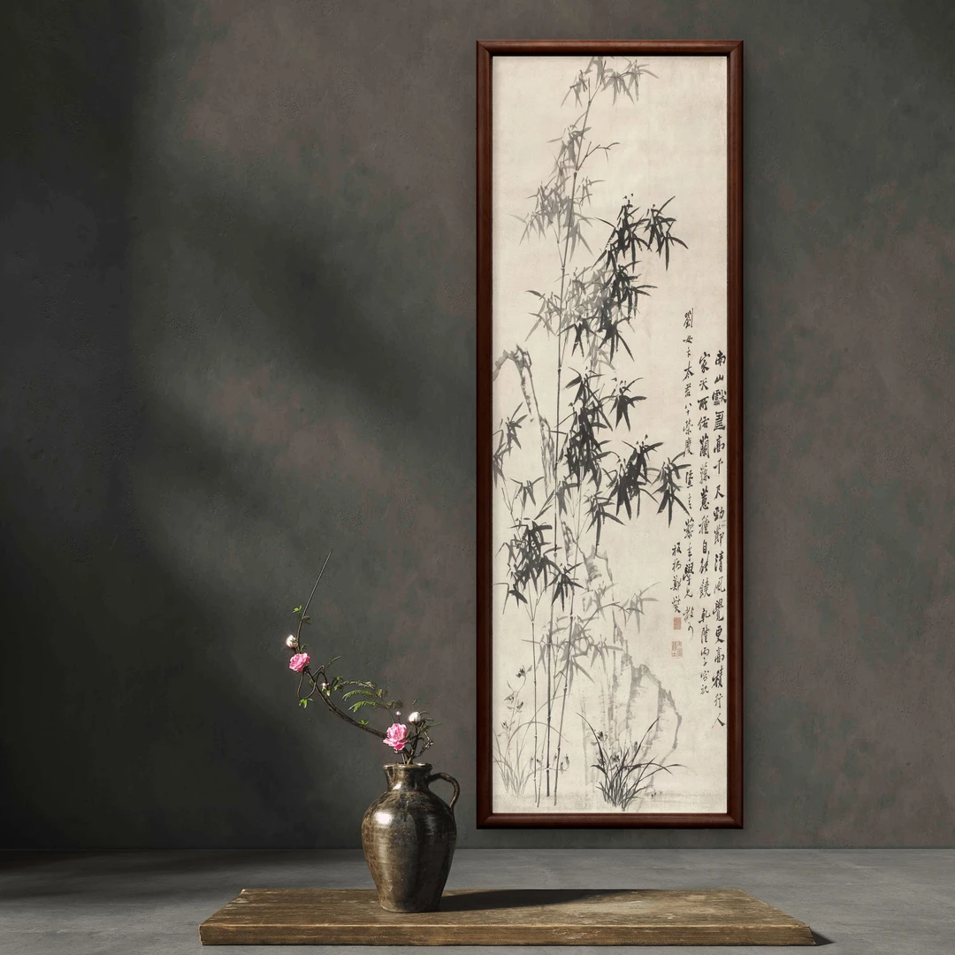 9758 -40*120竹石图浅色装饰画实木玄关书房茶室客厅挂画