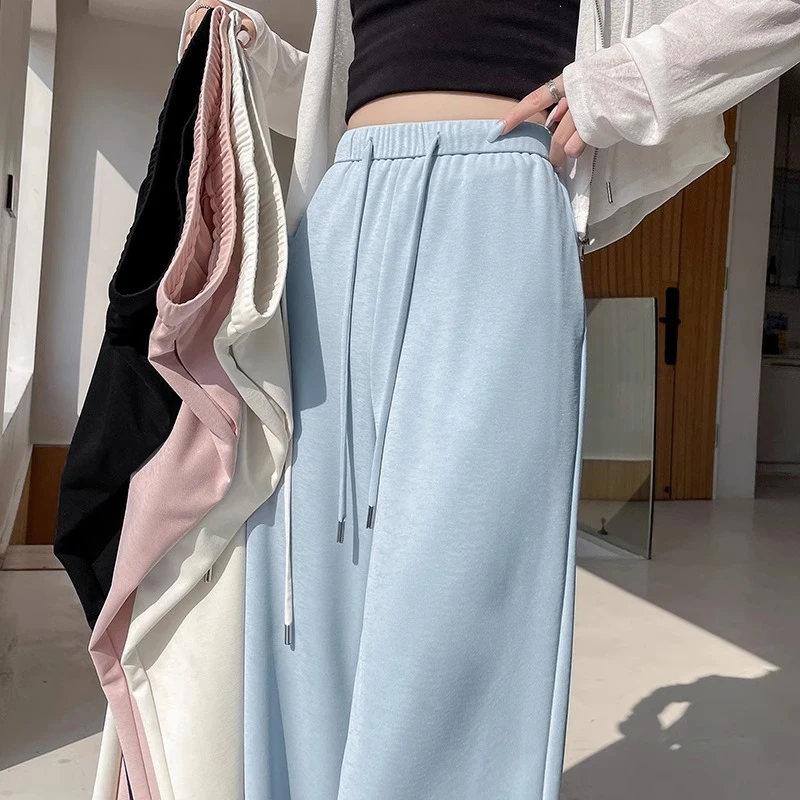 天蓝色冰丝阔腿裤女2025春夏新款高腰垂感显瘦休闲窄版直筒拖地裤