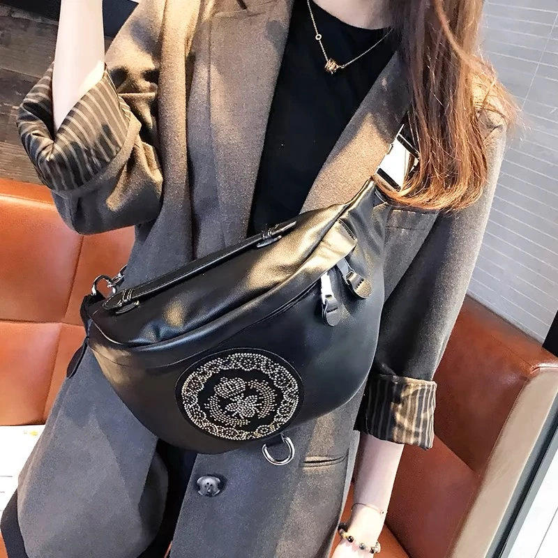 新款2025时尚大容量水钻真皮胸包女包腰包个性百搭潮流单肩斜挎包