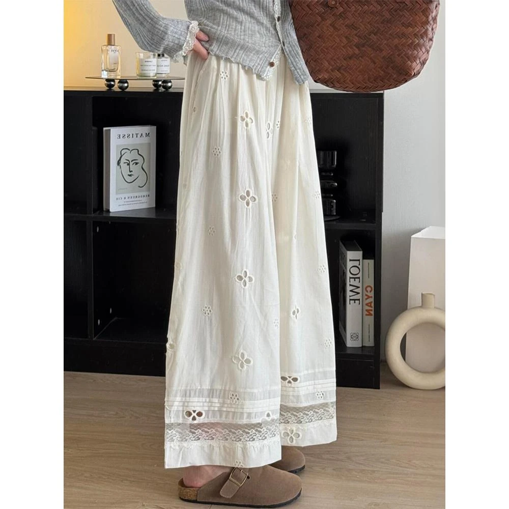 米白色蕾丝镂空休闲裤女夏季薄款胖妹妹mm高腰宽松显瘦直筒阔腿裤