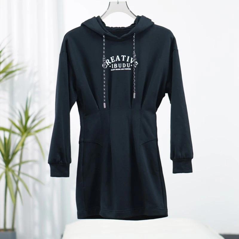 【三C・伊】E241-1   简约休闲收腰连帽卫衣裙黑色Y22410139L60