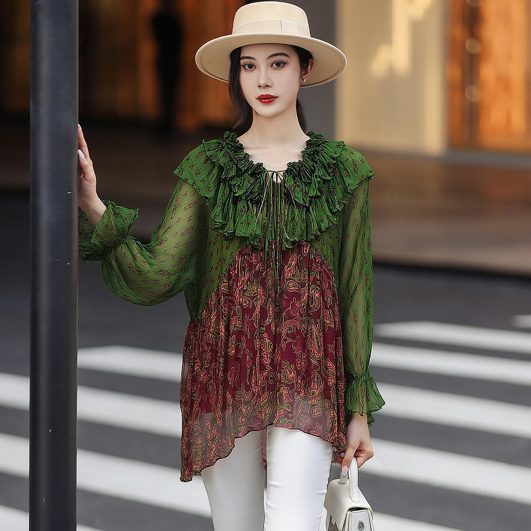 拜占庭的森林休闲时尚百搭蚕丝上衣印花女优雅设计款减龄百搭小衫