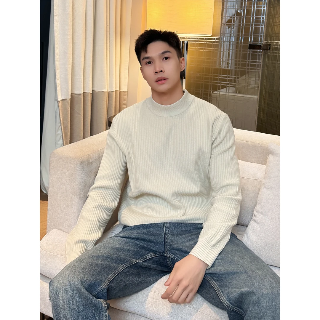 Bin bin「绅士风度」高级保暖内搭纯色肌理感针织衫半高领打底男士