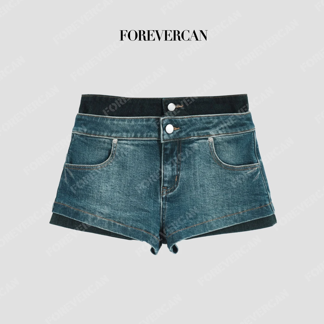 FOREVERCAN“律动丹宁”复古假两件设计感牛仔裤百搭短裤SP30664