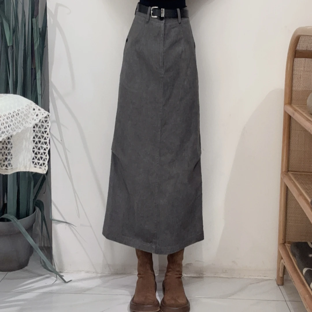 EC41691219Y韩系气质风高腰显瘦遮胯/包容好宽松版灰色中长半身裙