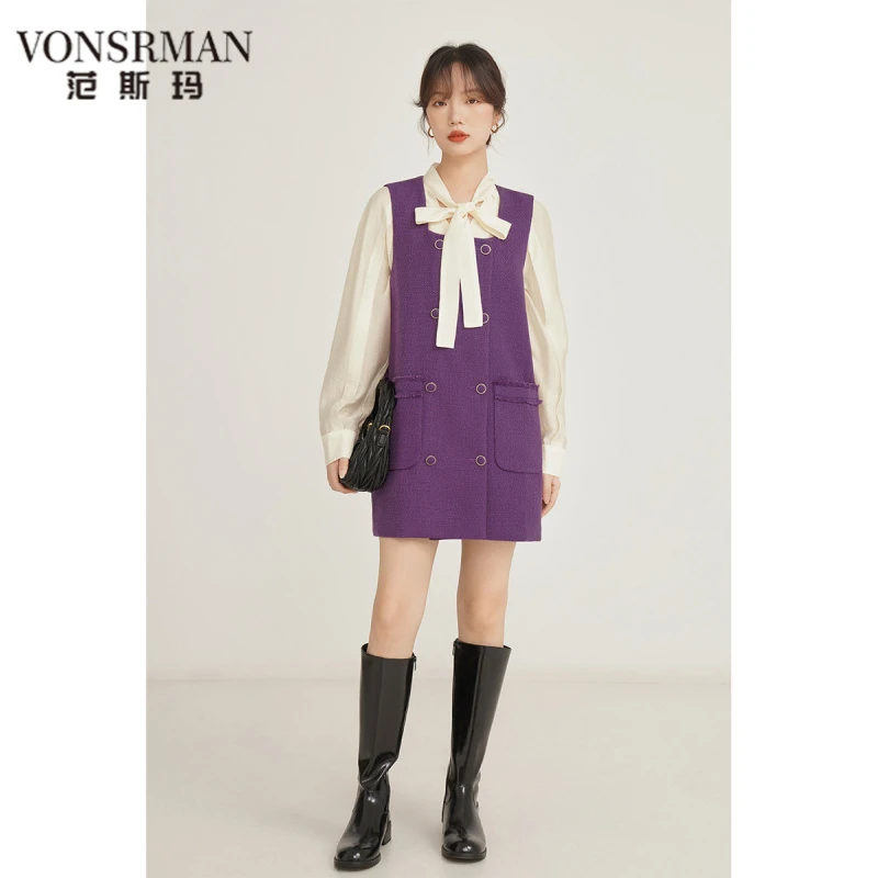VONSRMAN法式复古背心连衣裙秋新款设计感小众气质无袖叠穿紫色短