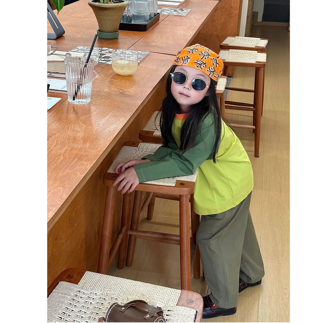 壹妈韩版童装女童秋装套装洋气儿童拼色t恤长袖上衣军绿色工装裤