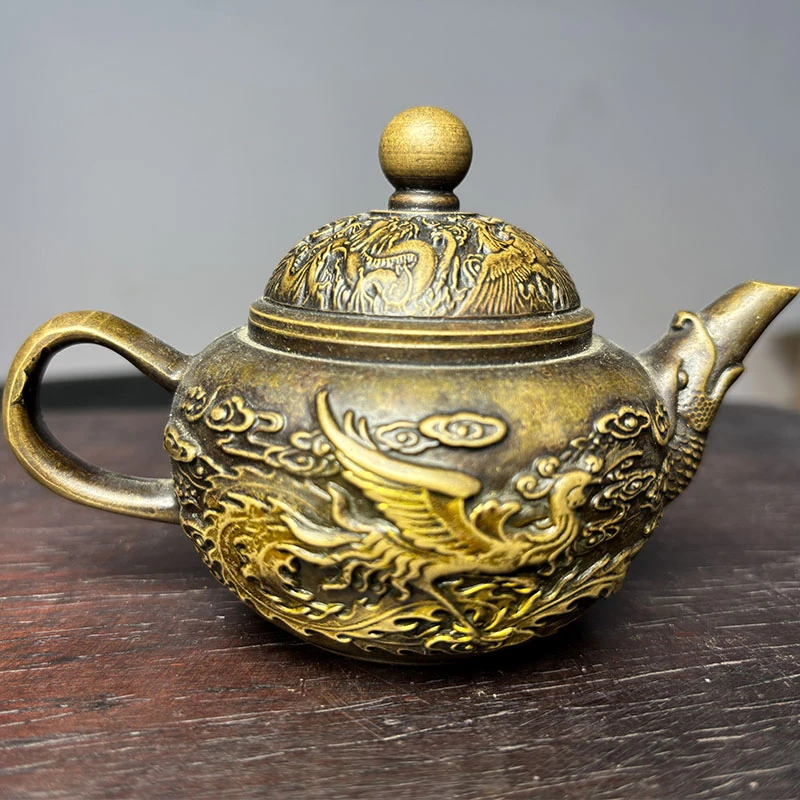 纯铜鎏金龙凤呈祥鱼嘴壶