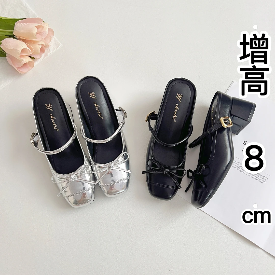 粗跟蝴蝶结百搭高跟法式女鞋半拖女玛丽珍拖鞋时尚方头一字带凉鞋