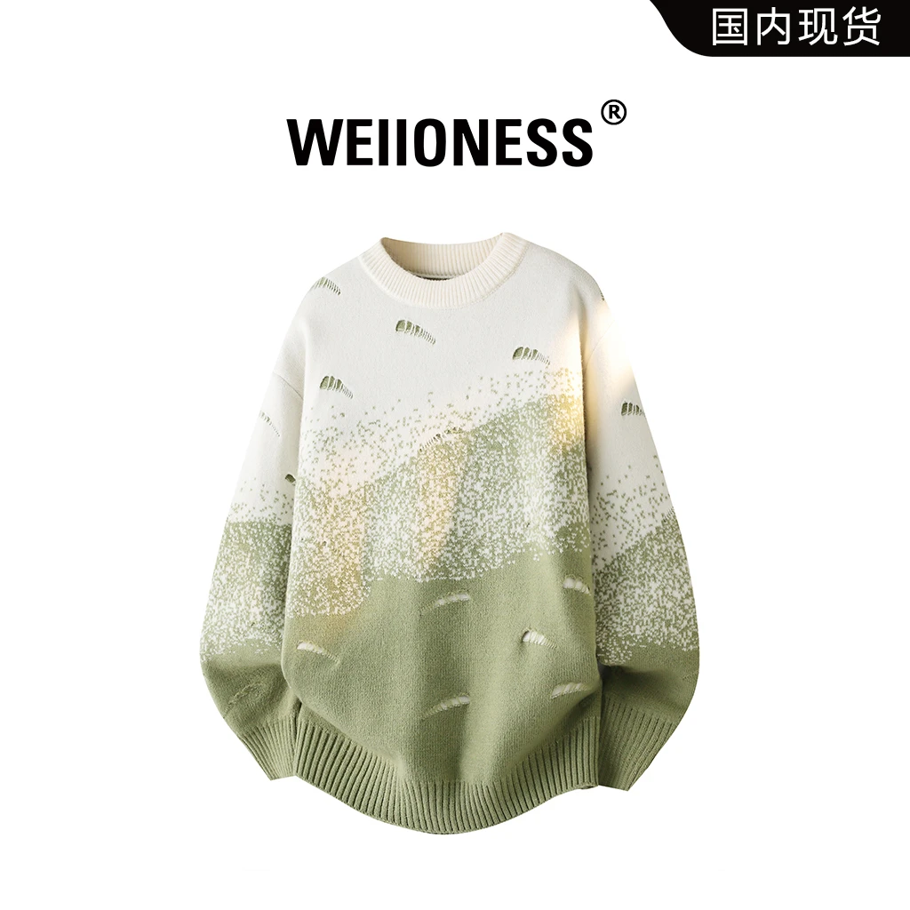 WEIIONESS圆领碎花毛衣男秋冬印花潮流百搭针织衫高级感轻奢男装