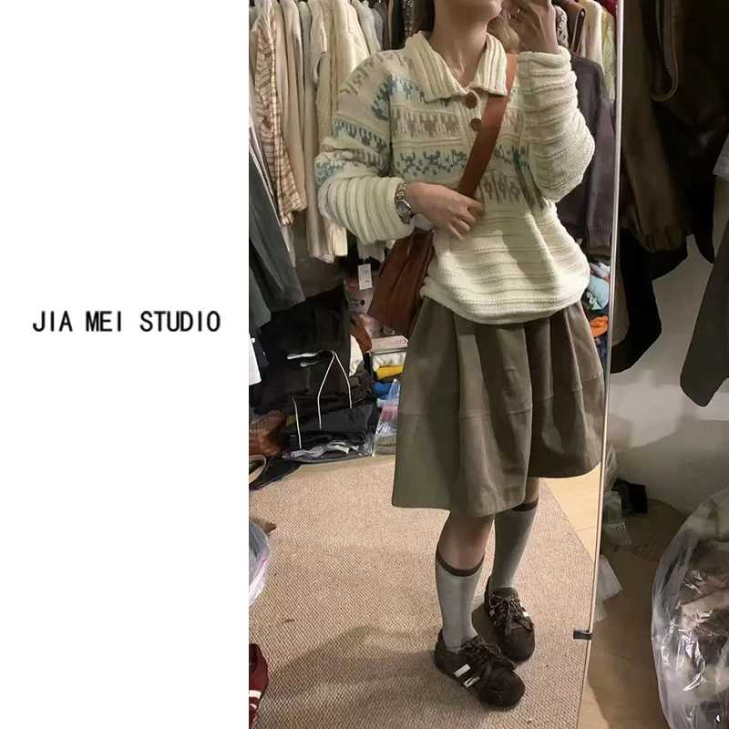 A128撞色提花设计感翻领毛衣外套女2025秋款宽松时尚洋气减龄针织
