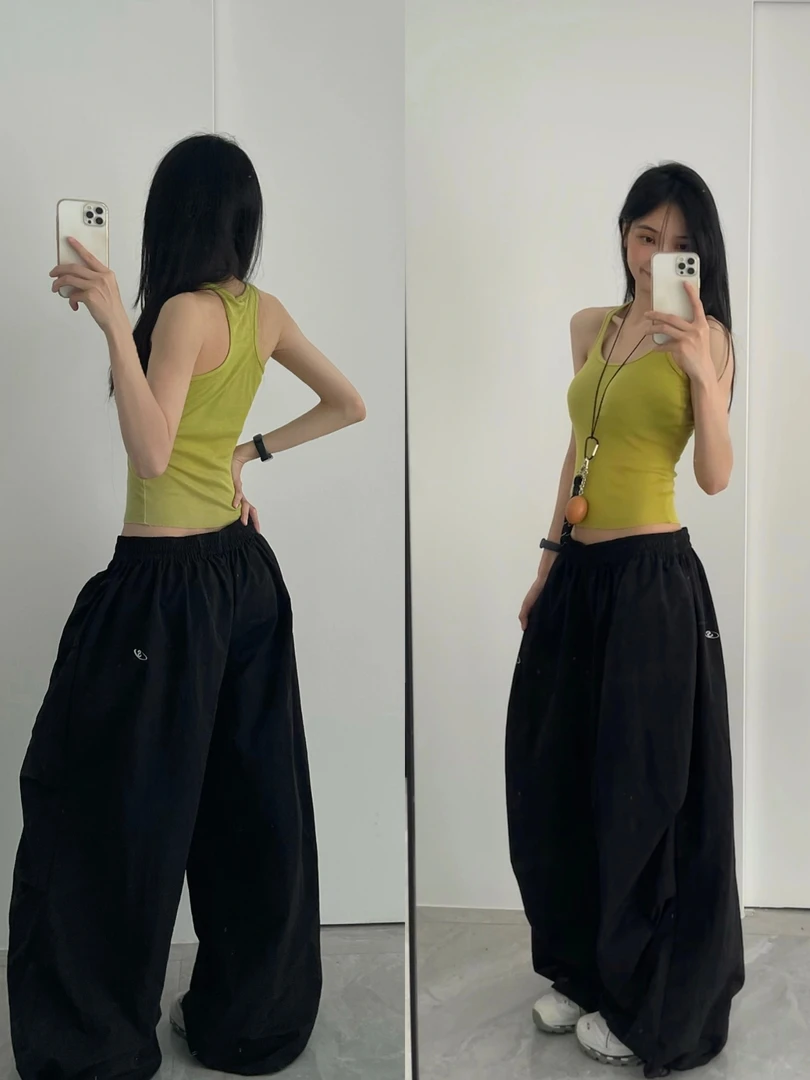 夏季速干户外爵士街舞阔腿伞兵裤女薄宽松显瘦褶皱美式休闲工装裤