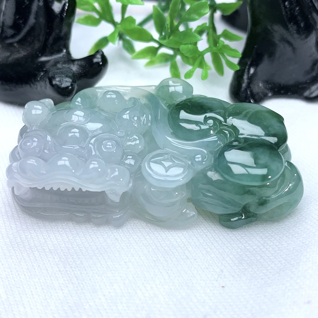 天然缅甸翡翠A货冰润飘花金钱霸王貔貅吊坠挂件50.6−29.4−12.4mm