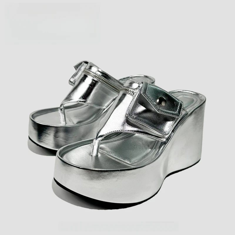 银色厚底露趾凉鞋女超高跟欧美矮子乐时装一字拖鞋