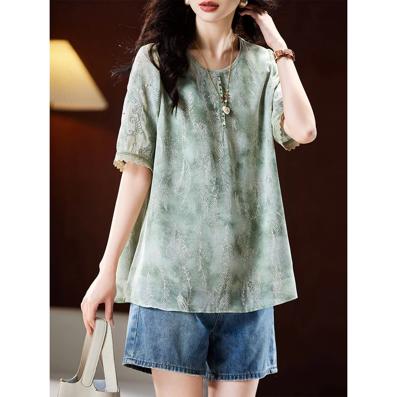 衣品乐原创宽松大码夏季新款女装清新印花蕾丝钉珠衬衫C2059