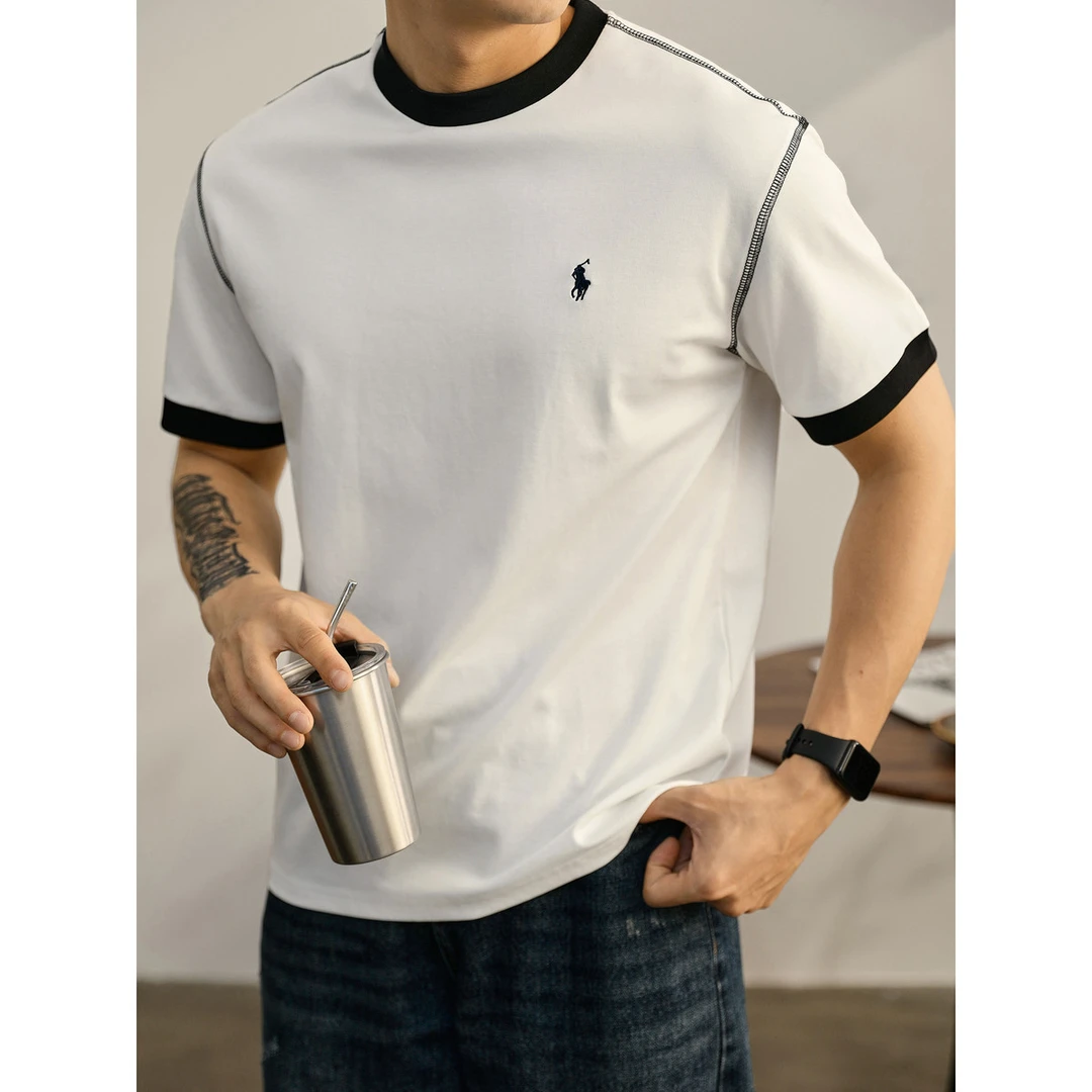 奥兰德保罗撞色圆领短袖T恤男士夏季骑士刺绣潮流时尚冰感棉上衣