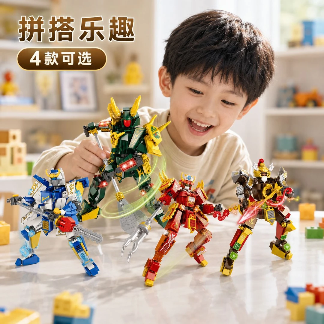 沃马关羽赵云三国英雄战将积木玩具拼装机甲模型摆件男孩机构礼品