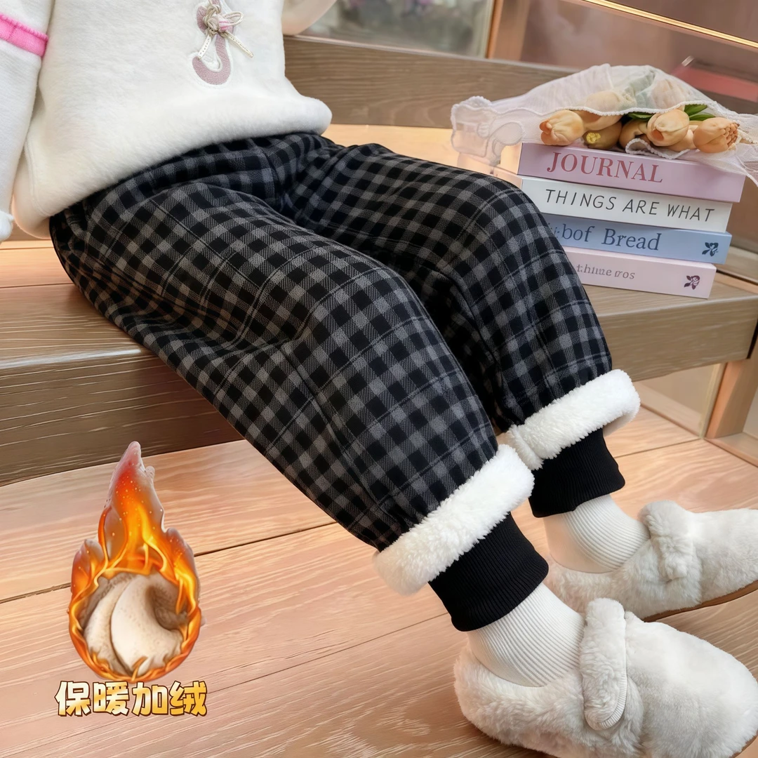 韩版25女童假两件方格长裤加绒加厚冬季新款女宝宝时髦裤子休闲