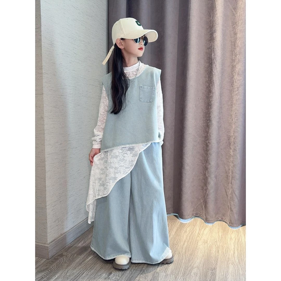 女童套装2025新款秋装不规则蕾丝牛仔马甲阔腿裤秋款洋气三件套