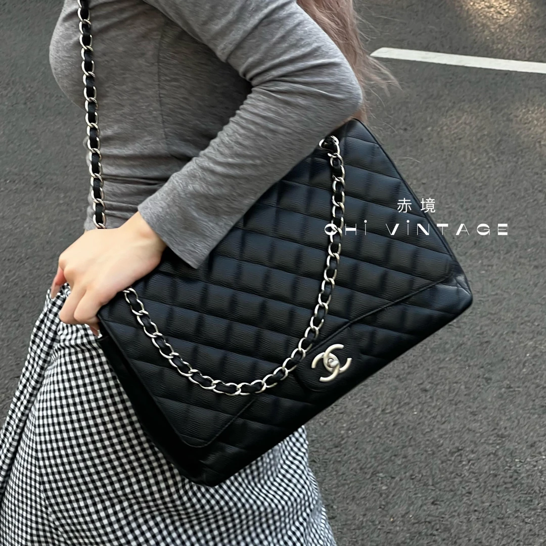 99新 Chanel/香奈儿 5863 黑银荔枝纹cf MAXI单肩包 11年