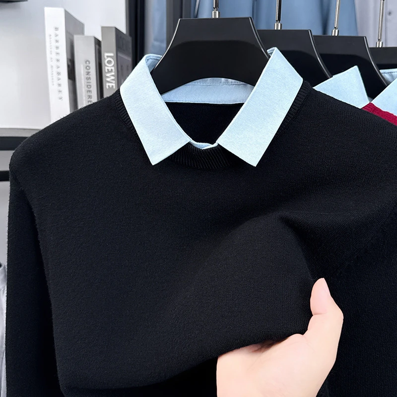 [假两件]薄款针织衫毛衣衬衫领拼接圆领毛衫假两件翻领休闲毛针织