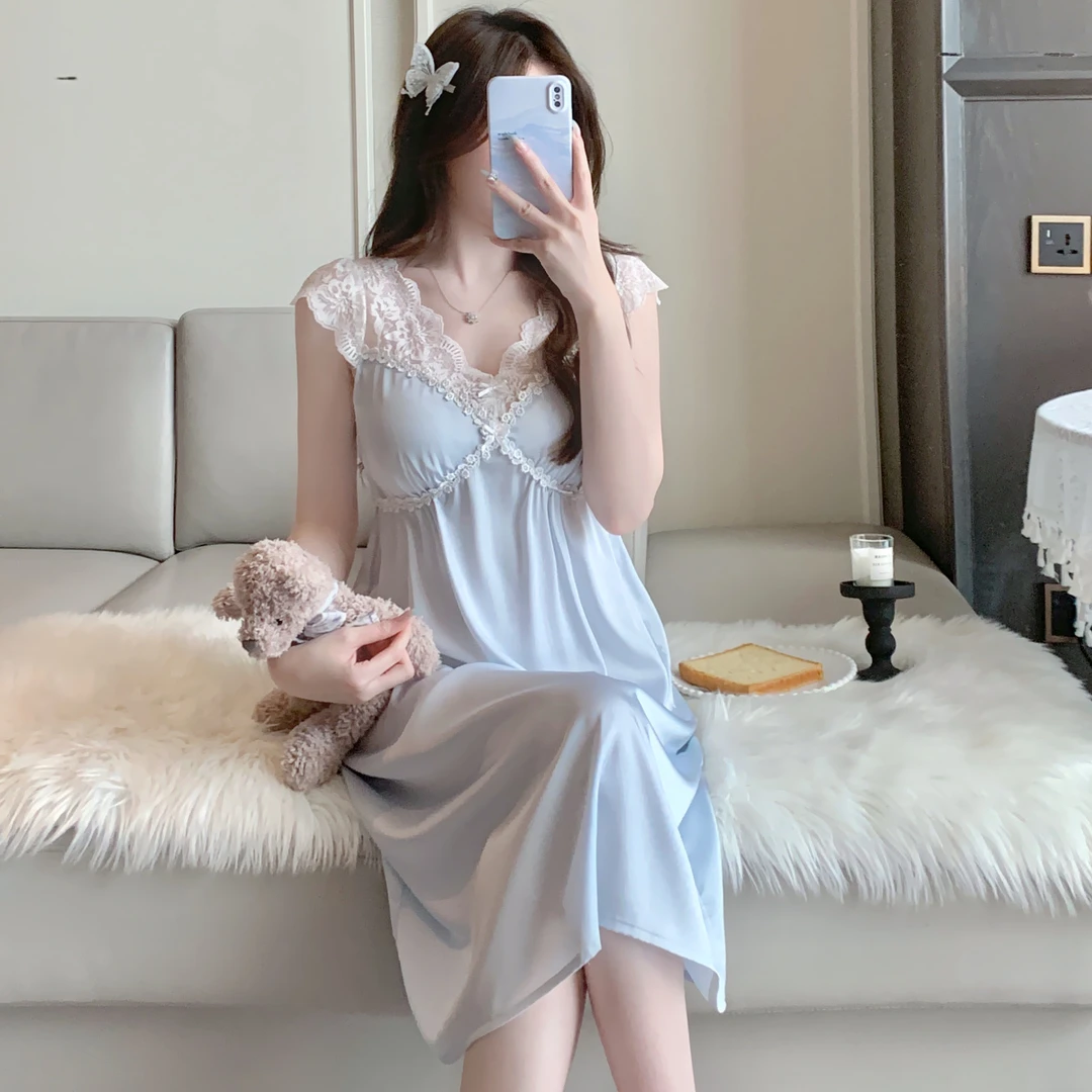 纯欲公主风吊带睡裙春秋新款带胸垫睡衣性感冰丝薄款蕾丝家居服女