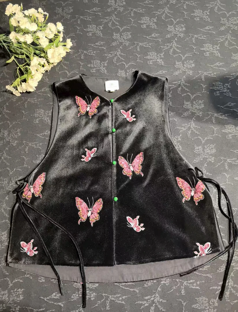 丝绒蝴蝶开襟马甲中式国风