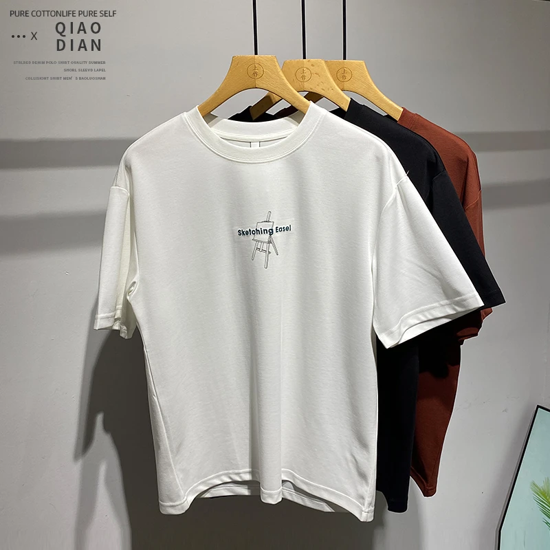 春夏时尚百搭个性拼接设计男士短袖T恤潮流休闲宽松透气圆领上衣