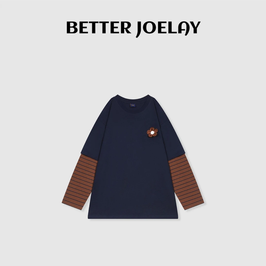 BETTER JOELAY -【棕熊斑纹】全棉百搭时尚宽松假两件长袖T恤KH3329