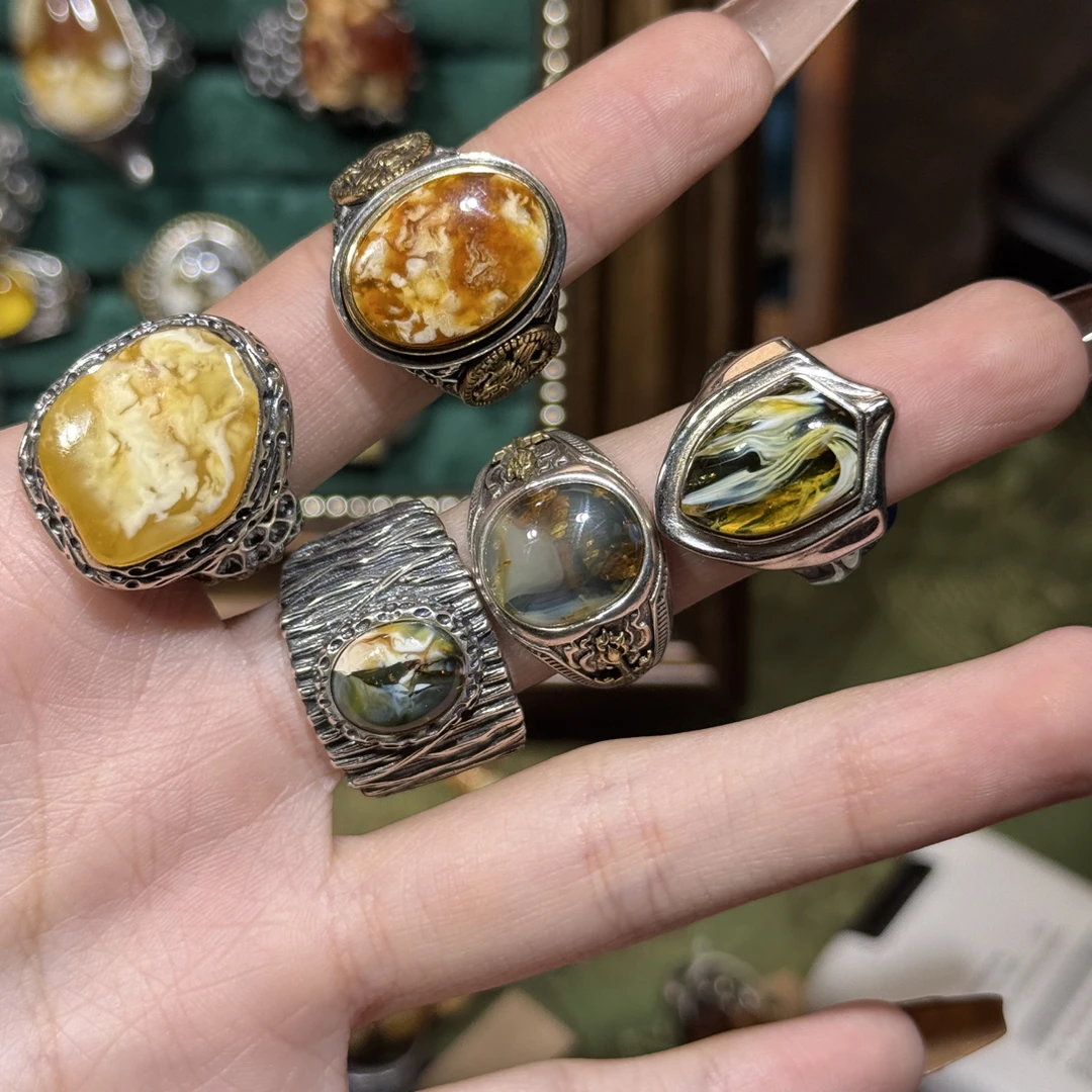 琥珀S925银镶嵌戒指