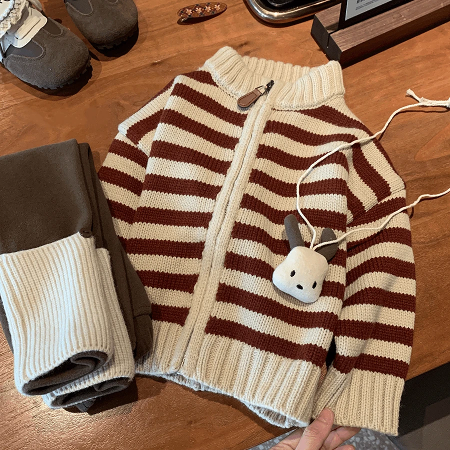 儿童毛衣男女童秋冬季童装条纹拉链针织毛衣宝宝洋气时髦套装