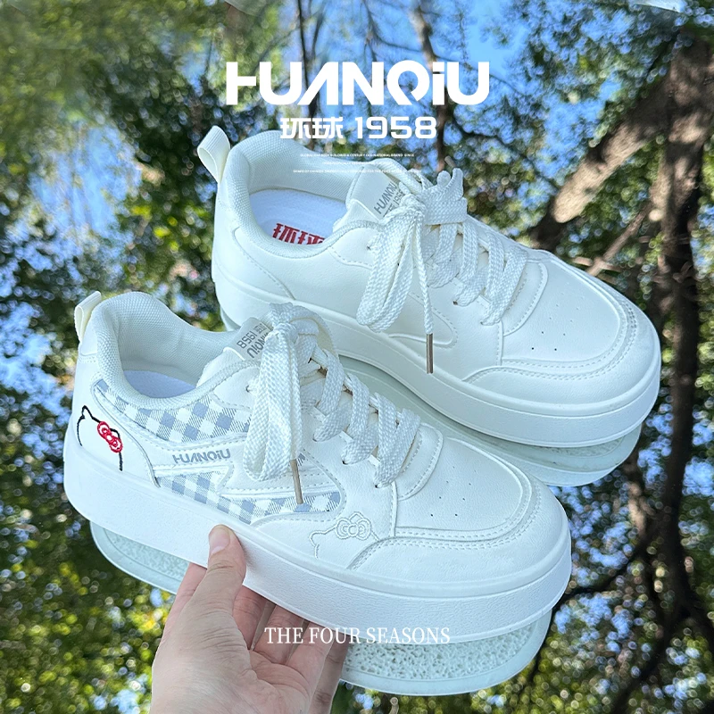 环球爆款ins潮牌百搭女鞋可爱猫咪刺绣小白鞋格纹拼接时尚厚底鞋