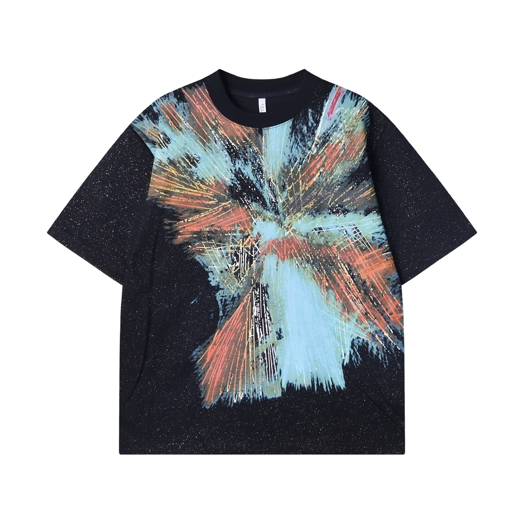 夏季高级感新款潮牌满天星彩色印花圆领短袖T恤显瘦百搭宽松上衣