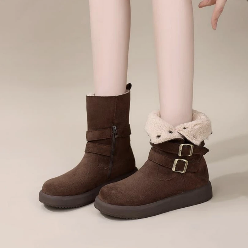 2025小众女鞋平底防滑时尚雪地靴靴子保暖冬季中帮加厚平跟休闲风