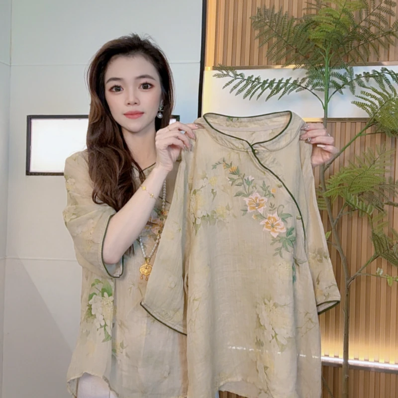 019夏季复古文艺刺绣麻纱纯色国风上衣宽松显瘦五分袖轻衬衫